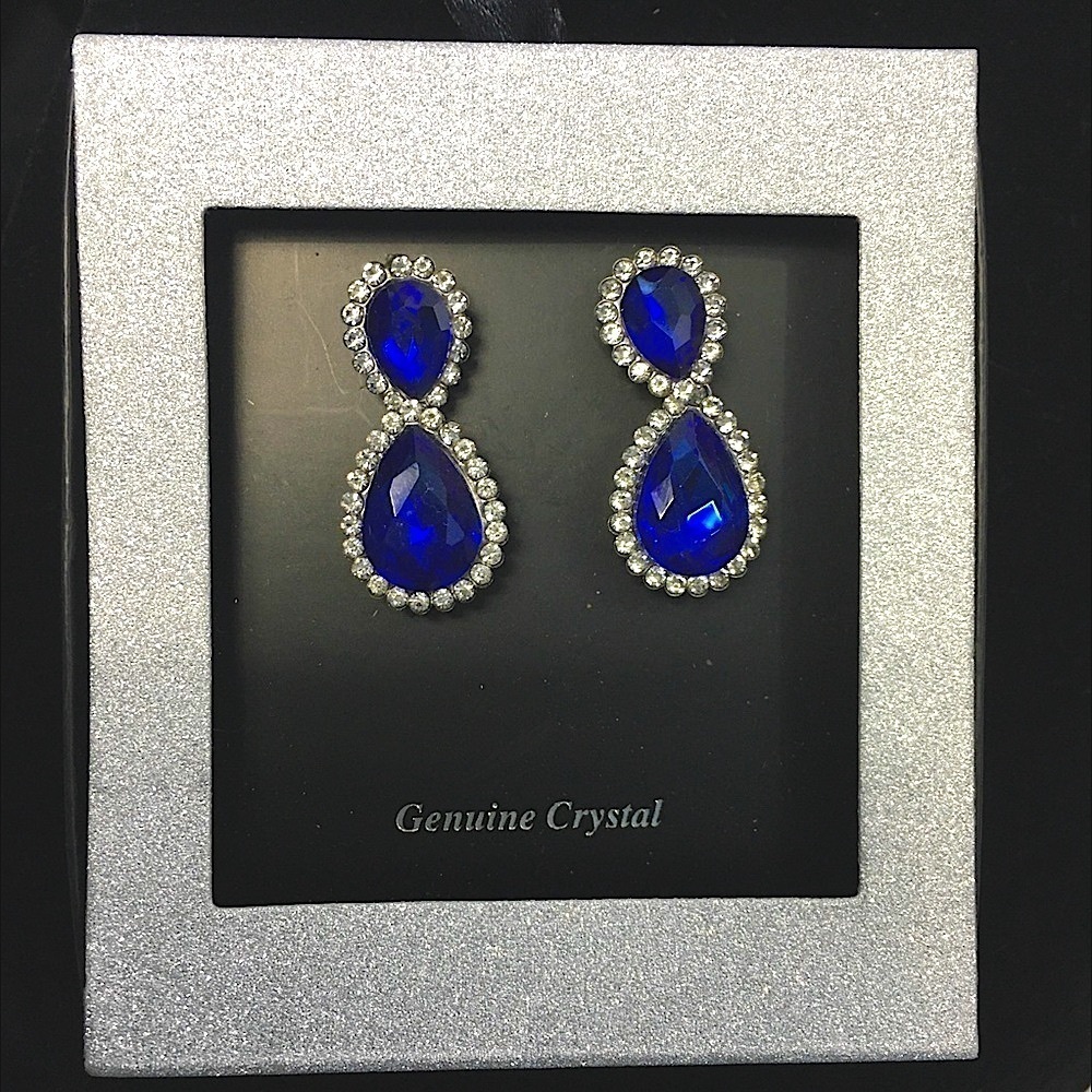 Genuine Crystal and Blue Sapphire Color Earrings Tear Drop Dangle Post Sparkling
